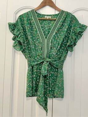 ✨Max Studio Green Floral Tie-Front Blouse Women’s Size Medium ✨